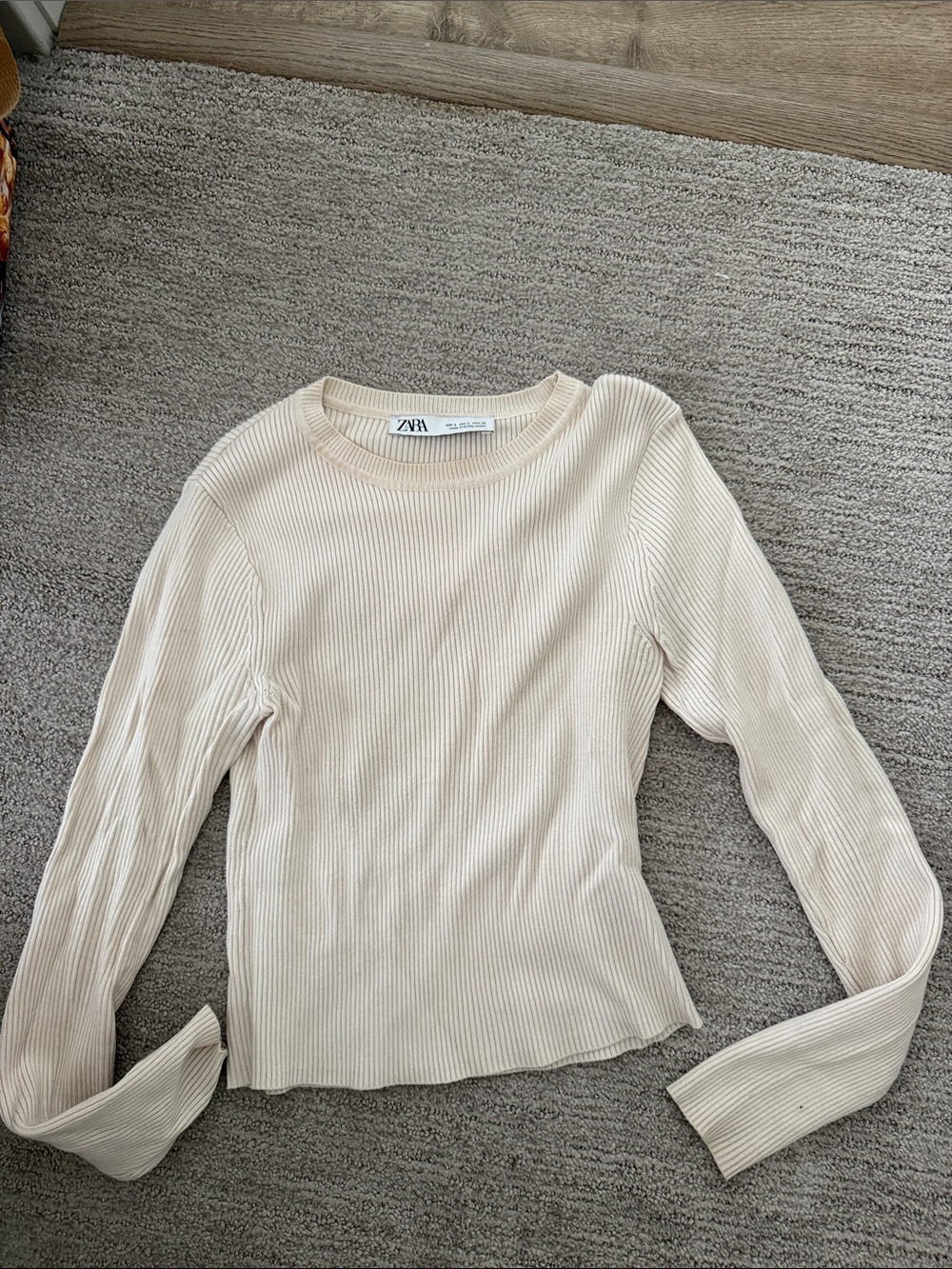 Zara Beige Ribbed Crewneck Long Sleeve Top